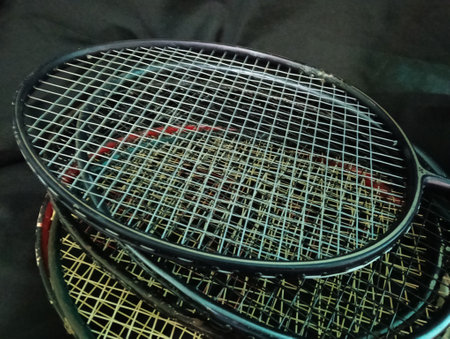 A stack of  badminton rackets close up. photo taken in Malaysia