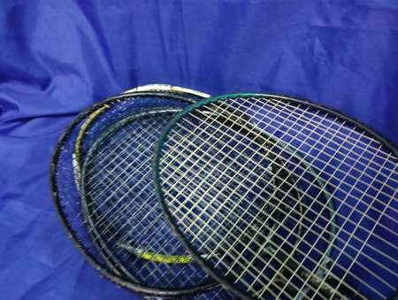A stack of  badminton rackets close up. photo taken in Malaysia