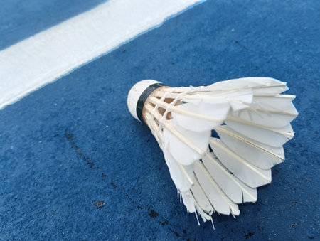shuttlecock on a blue  badminton court outside the line on blue background close up. Photo taken in Malaysiaの写真素材