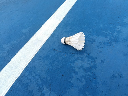 shuttlecock on a blue  badminton court outside the line on blue background close up. Photo taken in Malaysiaの写真素材