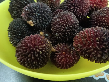 A close-up photograph of fresh pulasan fruits in a yellow bowl, showcasing their distinctive dark red to deep purple spiky skin. Native to Southeast Asia, pulasan is a tropical fru