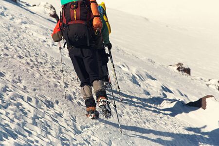 Group of hikers in the mountain. climbers with backpacks and crampons on trailの写真素材