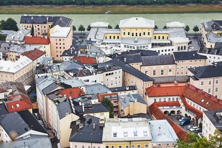 Scenic cityscape view of Salzburg, Austria. roofs of European townの写真素材