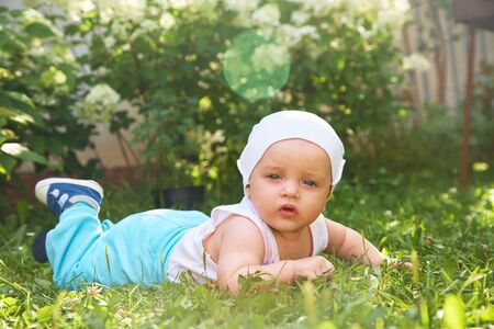 outdoor portrait of a baby on all fours. crawling on knees child on the grass in a summer park.の写真素材