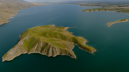 Aerial view of uninhabited island in the middle of a lake