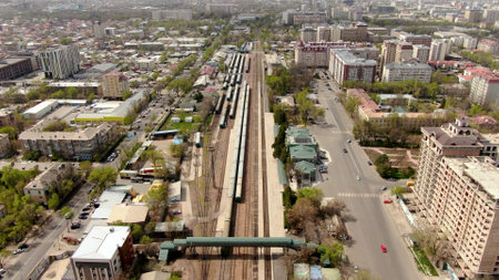 Bishkek, Kyrgyzstan - April 4, 2022: Aerial view of Bishkek city Kyrgyzstan. Soviet architectureの写真素材