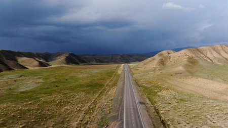 Aerial view of a highway in prairie with snowy summits of mountain in the backgroundの写真素材