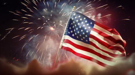 American flag with fireworks in the background. Generative AIの素材