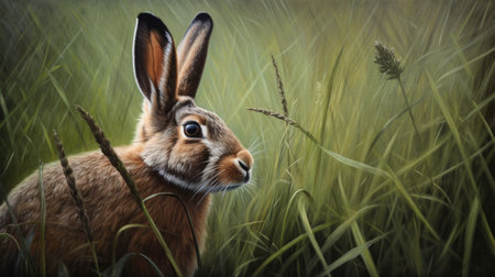 A rabbit sitting in a field of tall grass, a photorealistic painting. Generative AIの素材