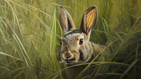 A rabbit sitting in a field of tall grass, a photorealistic painting. Generative AIの素材