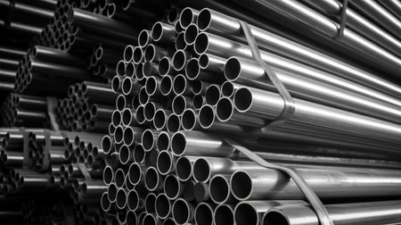 Steel Pipes bunch in the steel factory. Generative AIの素材
