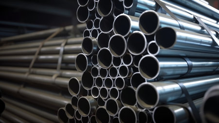 Steel Pipes bunch in the steel factory. Generative AIの素材
