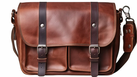 Brown leather messenger bag on white background. Generative AIの素材