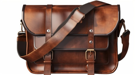 Brown leather messenger bag on white background. Generative AIの素材