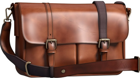 Brown leather messenger bag on white background. Generative AIの素材