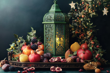 A vintage green lantern is the centerpiece of a rich display of pomegranates, apples, and other fruits, adorned with autumnal foliage and stars.の素材