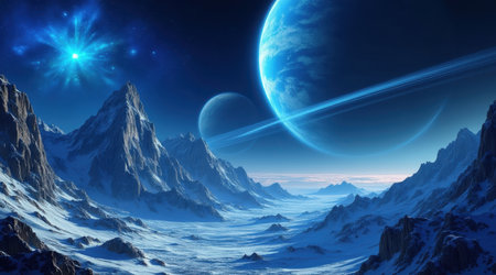 Fantasy alien planet. Mountain and moon. 3D Illustrationの素材