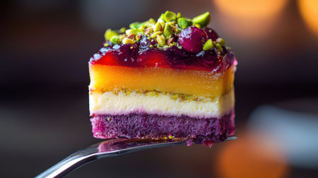 Piece of colorful cake on a fork close-up macro photographyの素材