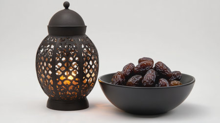 Ramadan Kareem with dates in bowl and lantern on white backgroundの素材