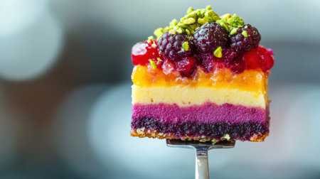 Piece of cake with berries on a fork on a blurred backgroundの素材
