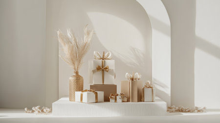 White podium with gift boxes and dried flowers on white background. 3d renderの素材