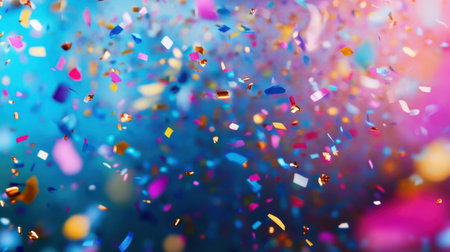 Colorful confetti background. Festive background with bokeh defocused lightsの素材