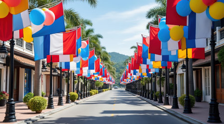 Colorful flags on the street in the town of Phuket, Thailand.の素材