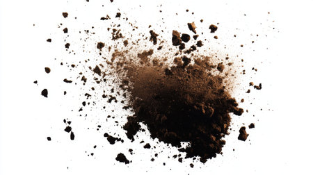 Brown powder explosion isolated on white background. Abstract colored dust cloud.の素材