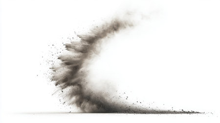 Explosion of black powder isolated on white background. Abstract dust cloud.の素材