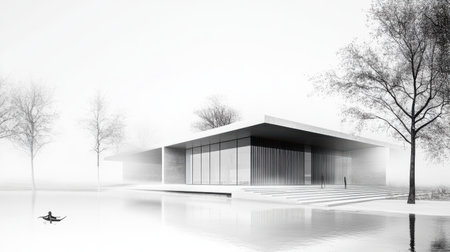 3D render of a modern house in a winter landscape with treesの素材