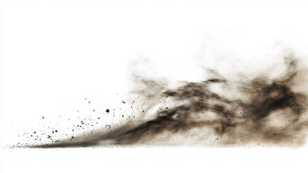 Explosion of black powder isolated on white background. Abstract colored dust cloud.の素材