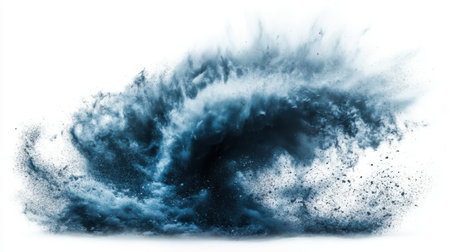 Blue powder explosion isolated on white background. Colorful dust cloud.の素材