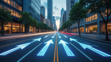 Highway with glowing arrows in the city. 3d rendering.の素材