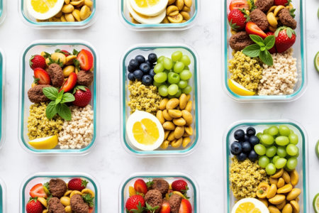 Healthy food in plastic containers, top view. Clean eating conceptの素材