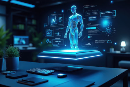 human body hologram and laptop on desk in office 3d renderingの素材