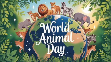 World Animal Day poster with cartoon animals around the planet. Vector illustration.の素材