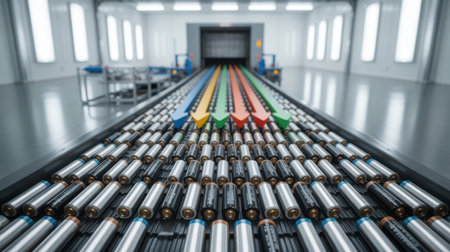 Conveyor belt with alkaline batteries in the factory. Conceptual imageの素材