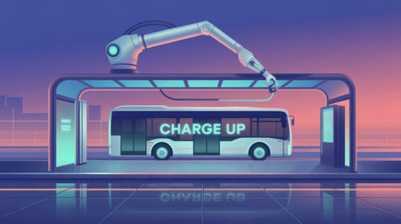 Illustration of a bus stop with a conveyor belt and the textの素材