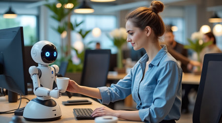 business, people, robotics and artificial intelligence concept - happy woman with robot computer working at officeの素材