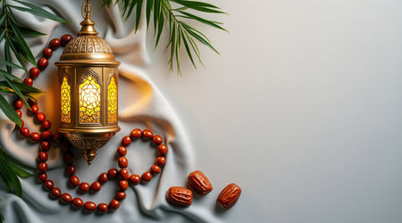 Ramadan Kareem greeting card. Golden lantern with rosary beads and dates on silk background.の素材
