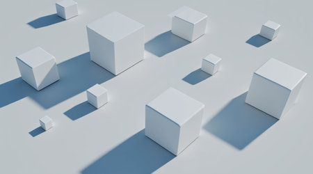 3D rendering of white cubes in a random pattern on a gray backgroundの素材
