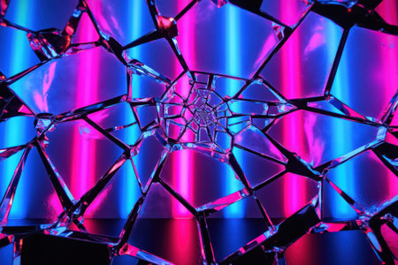 Pieces of broken glass on a black background in neon light.の素材