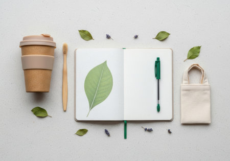 Flat lay composition with eco-friendly bamboo toothbrushes, reusable coffee cup, notebook and green leaves on white backgroundの素材