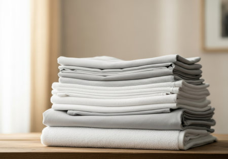 Stack of clean towels on wooden table in room, closeup. Space for textの素材