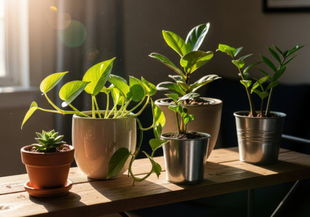 Potted plants on the windowsill in the morning light. Selective focus.の素材