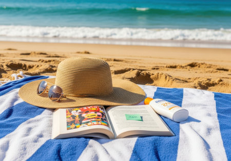 Straw hat, sunblock cream and book on the beach.の素材