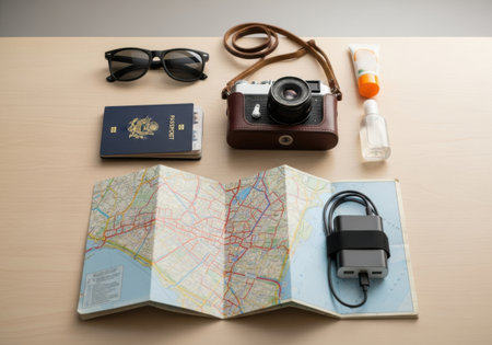 Travel concept with camera, passport, sunglasses and other items on wooden tableの素材