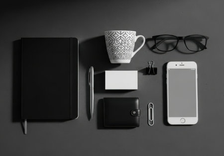 Black office desk table with notepad, coffee cup, smartphone, pen and glasses. Top view with copy spaceの素材