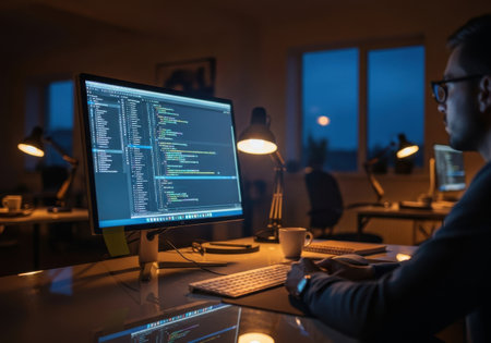 Programmer working on a computer late at night in a dark officeの素材