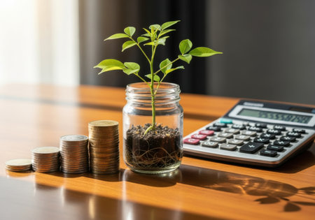 plant growing out of coins in glass jar and calculator on wooden tableの素材